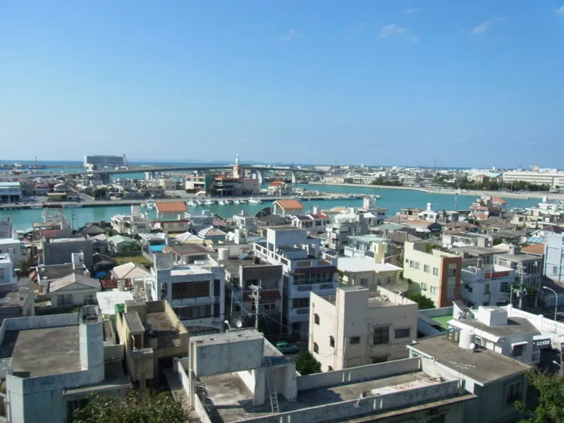 台風の多い沖縄県における鉄筋コンクリート住宅の高い普及率を示すデータ図（コンクリート住宅が並ぶ沖縄の街並み）