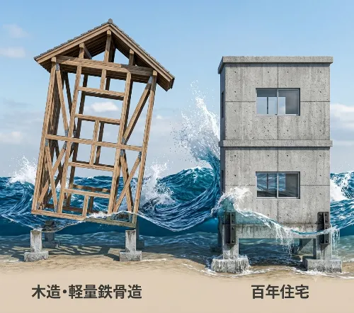 百年住宅の重量による耐流性を示す図解（津波の中で流される木造・軽量鉄骨造と、その場にとどまる鉄筋コンクリート住宅の比較）